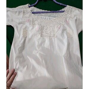 Edwardian Cotton Nightgown Crochet Chemis Tassels Pink Embroidered Flowers  Long